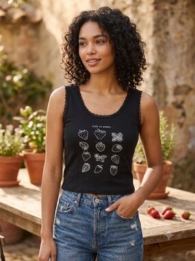 Black Womens Obsessive Love Graphic Lace-Trim Tank Top Life Is Sweet Strawberry